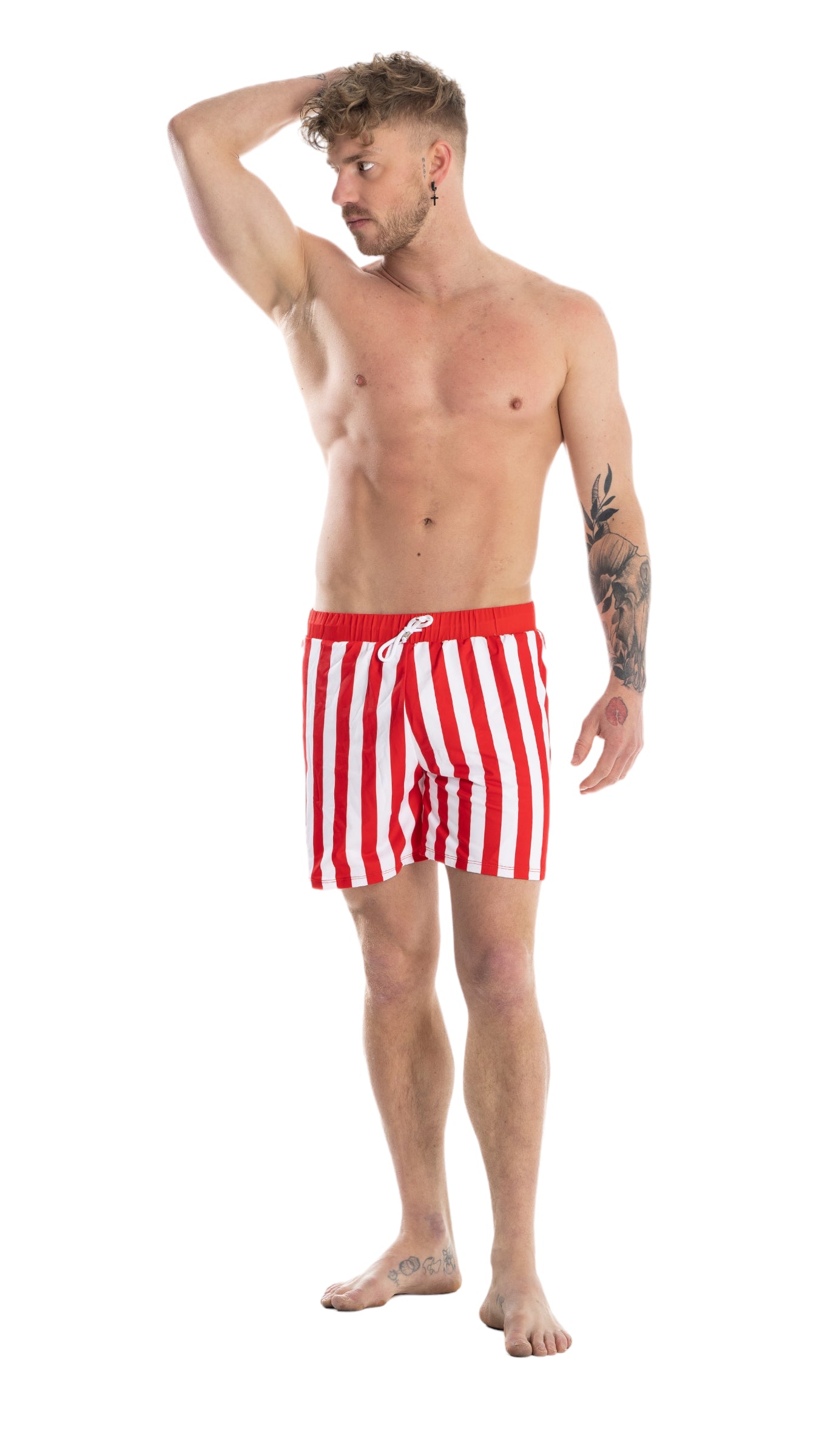 Red White stripped 5 Inch Men's Swimsuit Short Jobee