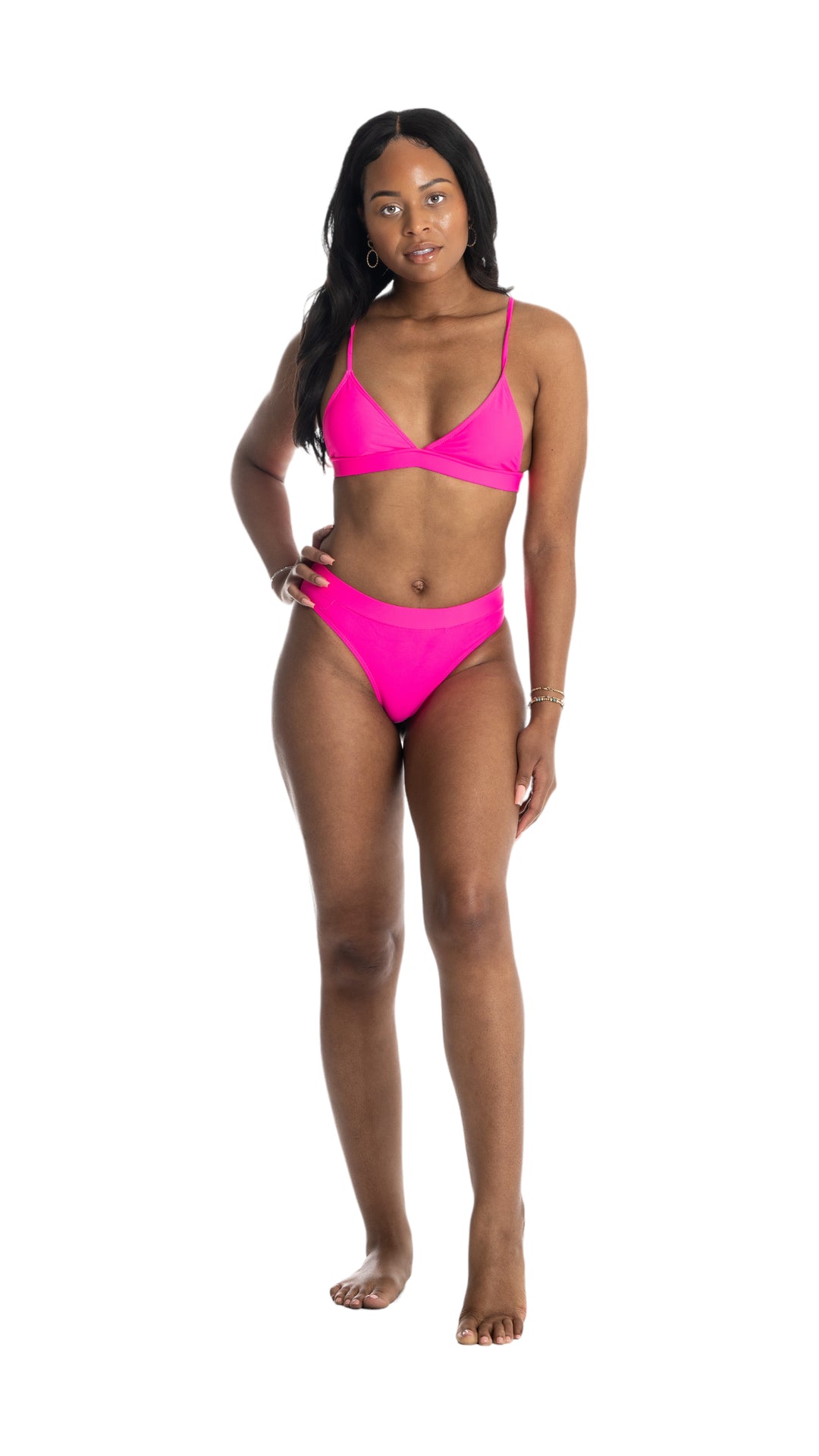 Triangle High Waisted Cheeky Solid Pink Bikini Set | Jobee